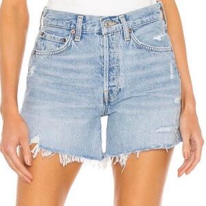 Agolde Light Blue Frayed Hem Jean Shorts